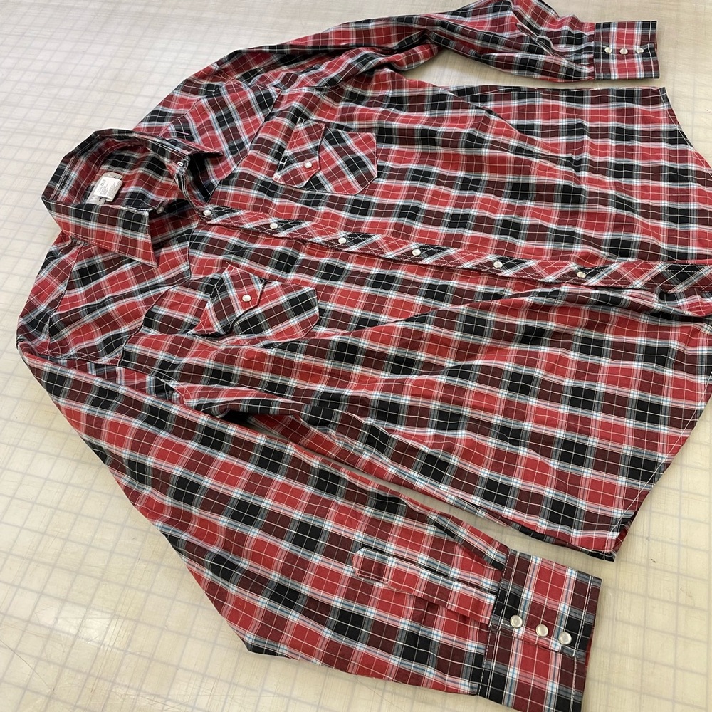 Vintage 80s Wrangler Wrancher Red Black Plaid Pearl Snap Western Shirt Size XL